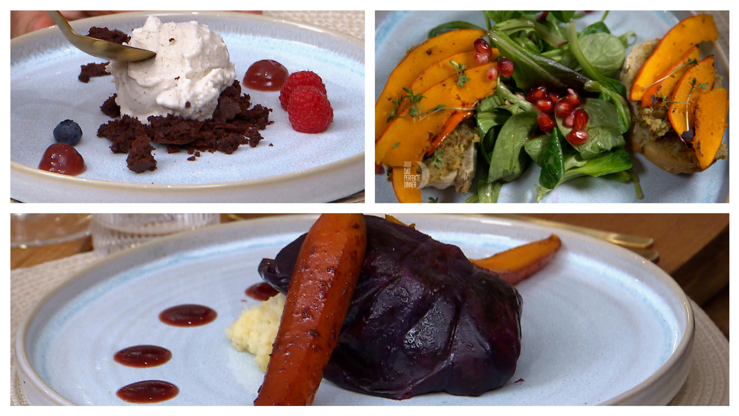 Die veganen Gerichte von Reva: Herbstliche Bruschetta (oben rechts), Kohlrouladen (unten) und Tonkabohneneis mit Brownie-Crumble und Beeren-Gel (oben links)