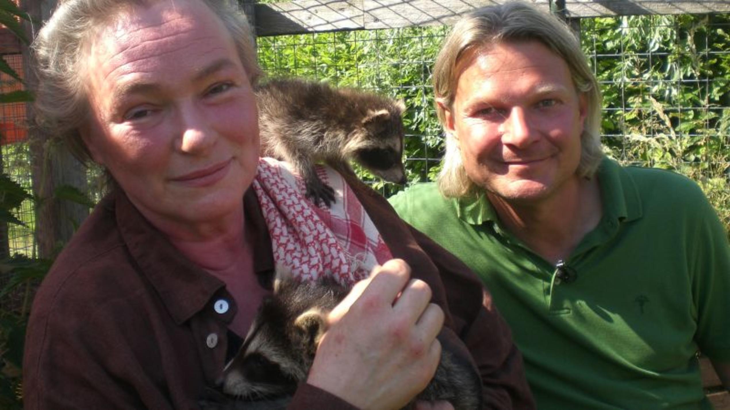 hundkatzemaus-Tierschutzexperte Frank Weber mit Rose-Marie Halbrock und den Waschbärbabys. Foto: VOX/DOCMA TV/Dr. Gerald Krakauer