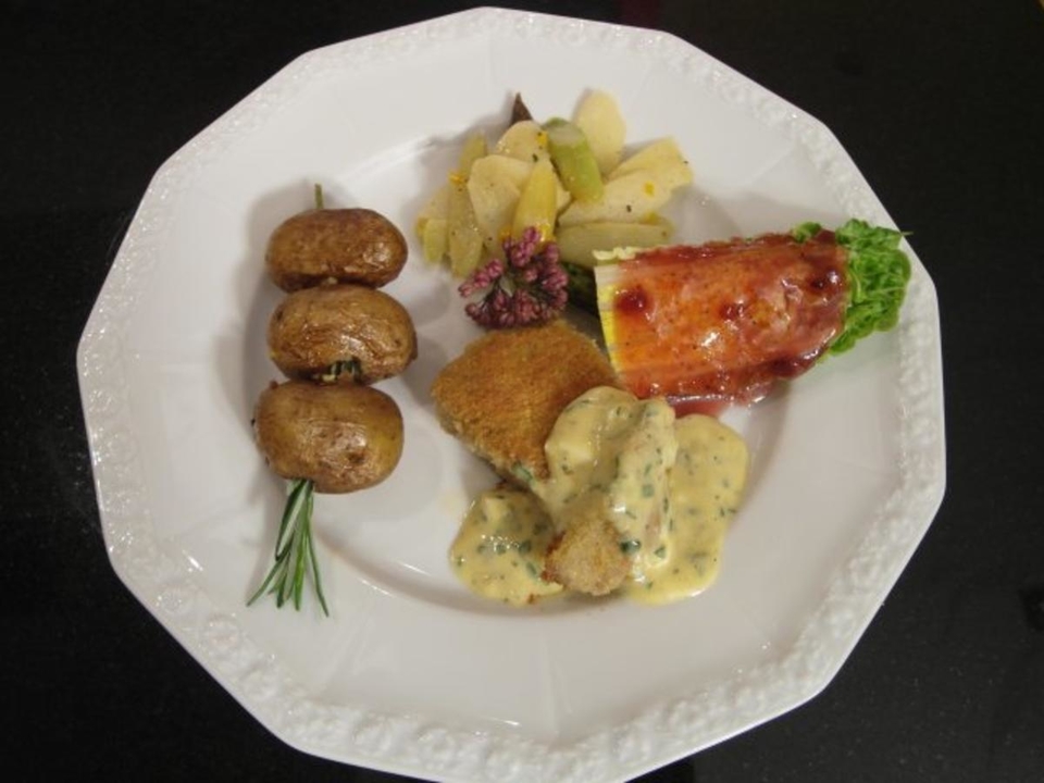 Gebackenes Zicklein mit Spargel und Salatherzen