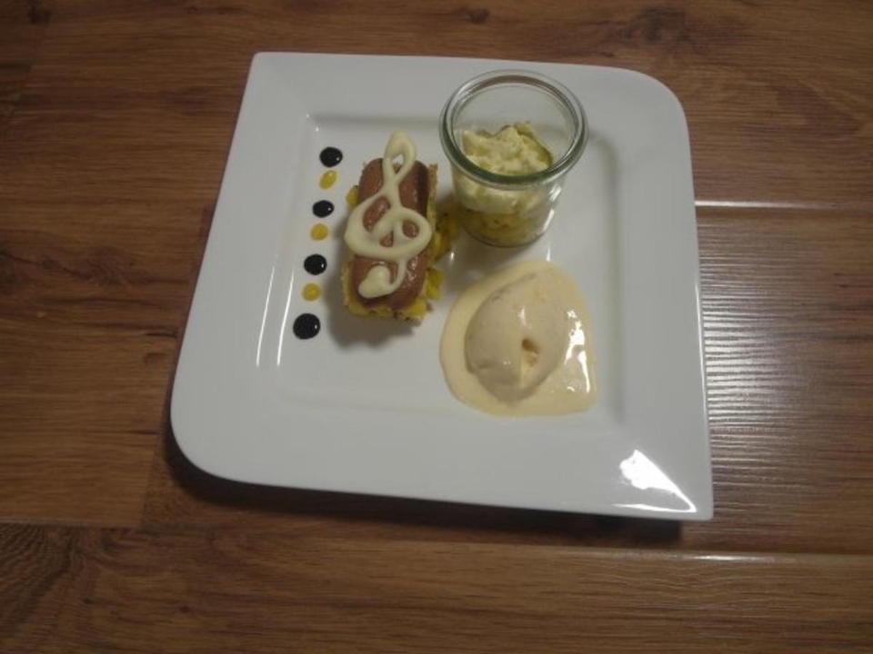 Pattaya-Mango und Giandujacreme auf Kokos-Cookie mit Ivoire-Praliné-Eis