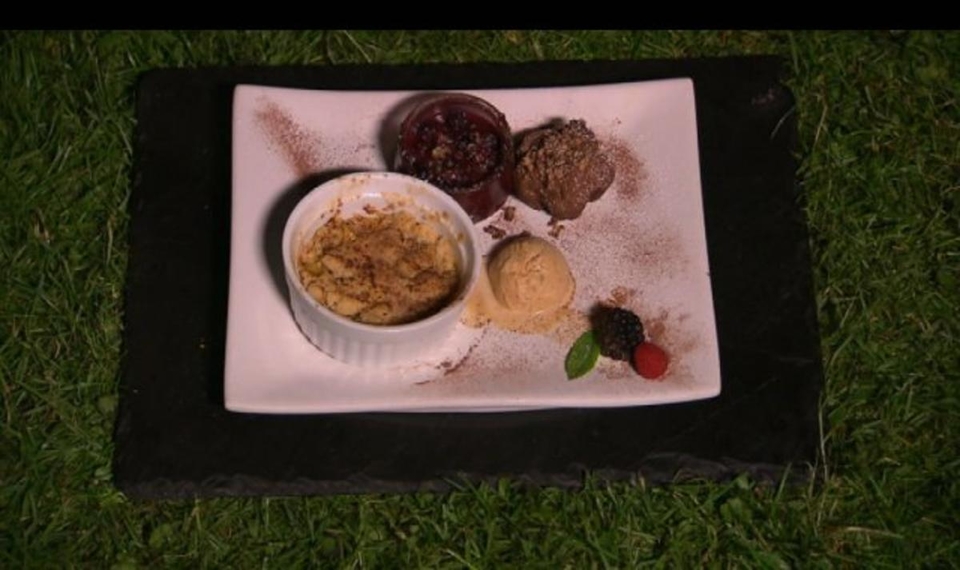 Süß und Fruchtig: Frucht Crumble und Brownie an Eis