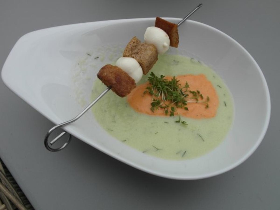 Kaltes Gurkensüppchen mit Tomatenschaum und frischer Gartenkresse