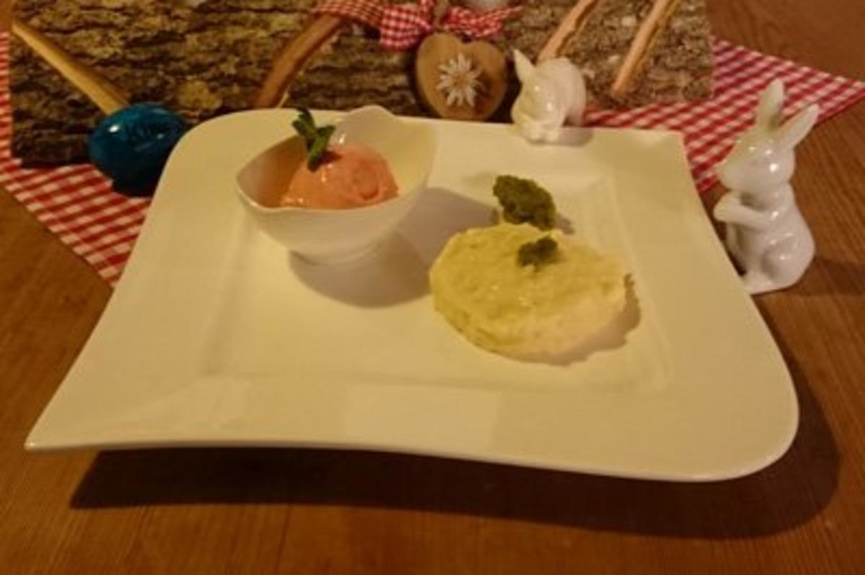 Weißes Schokoladen-Risotto mit Pistazien-Pesto und Erdbeer-Sorbet
