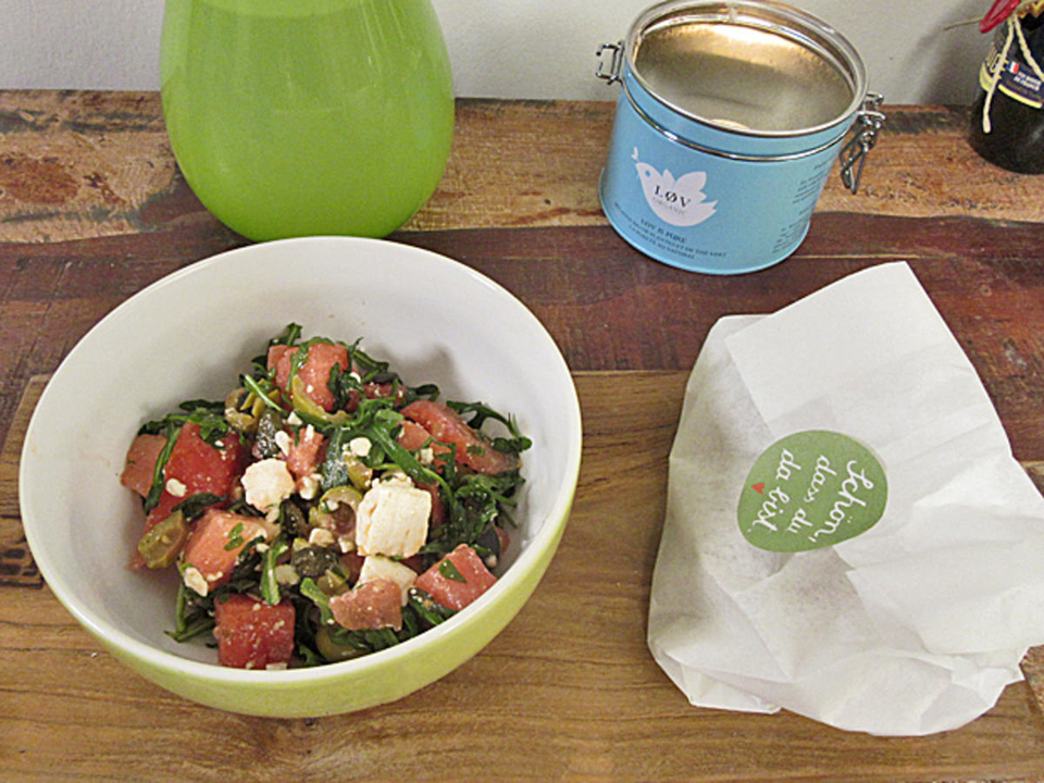 Wassermelonensalat an Blumenkohl-Mandel-Falafel