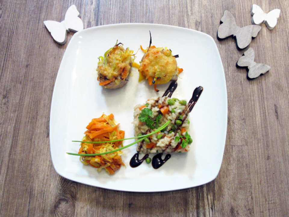Gratiniertes Schweinefilet mit Julienne Gemüse  Risotto