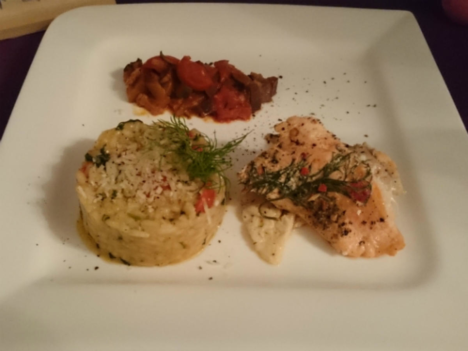 Lachs trifft Zander in Spülmaschine mit Tomaten-Bärlauchrisotto und mediterranem Gemüse