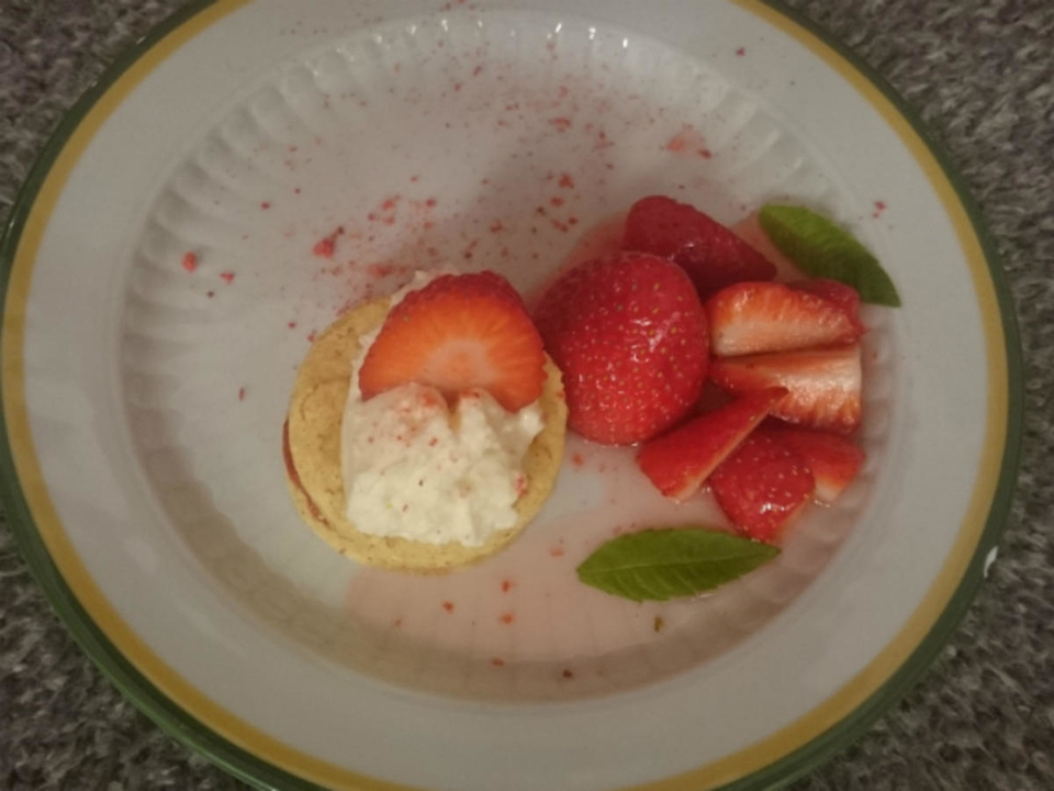 Biskuit-Kuchen mit Erdbeervariation und geminzter Sahne