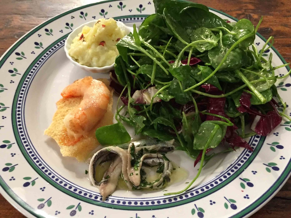 Tris di mare - Brandade, Garnelen mit Lardo und eingelegte Sardellen