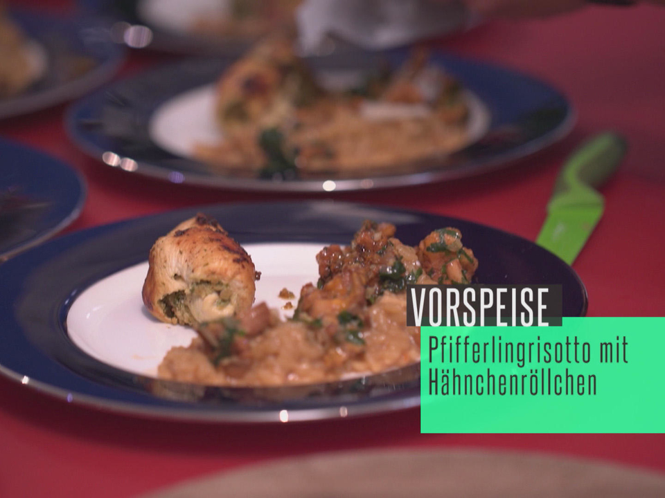 Pfifferling-Risotto mit Hähnchenröllchen