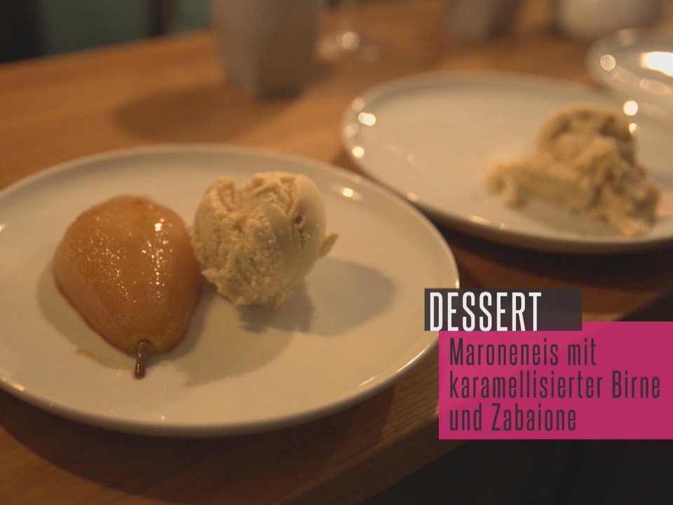 Maroneneis, karamellisierte Birne und Zabaglione