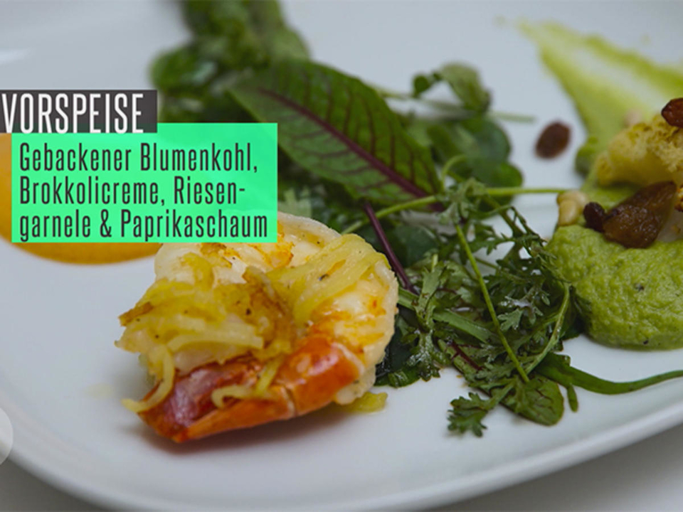 Riesengarnelen im Kartoffelmantel mit Paprikaschaum