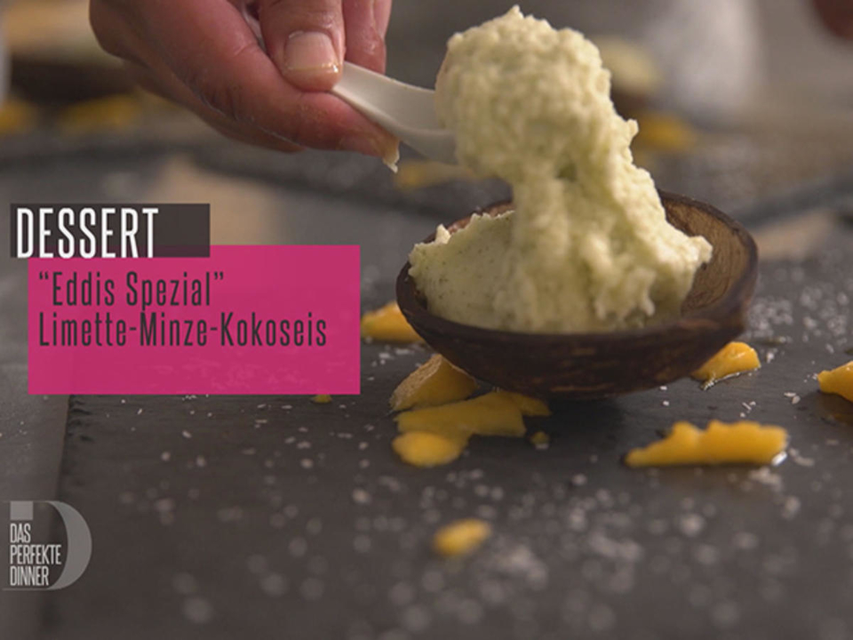 Roti-Pancake und Kokos-Minz-Sorbet