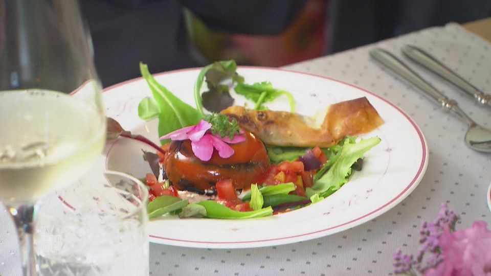 Paprika-Auberginen-Terrine mit Knusperröllchen