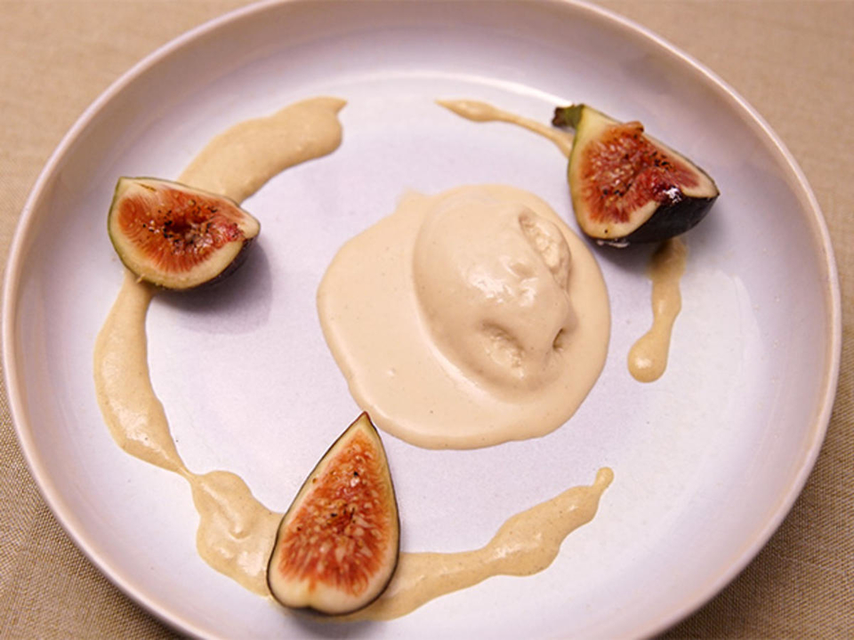 Tahini Ice Cream, Cardamom Anglaise, Filo Tuile, Fig Brulée