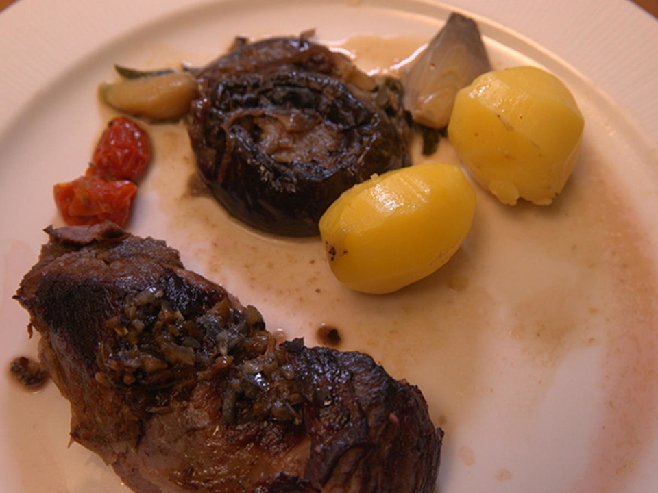 Lammkeule mit Sahneauberginen und Kartoffeln
