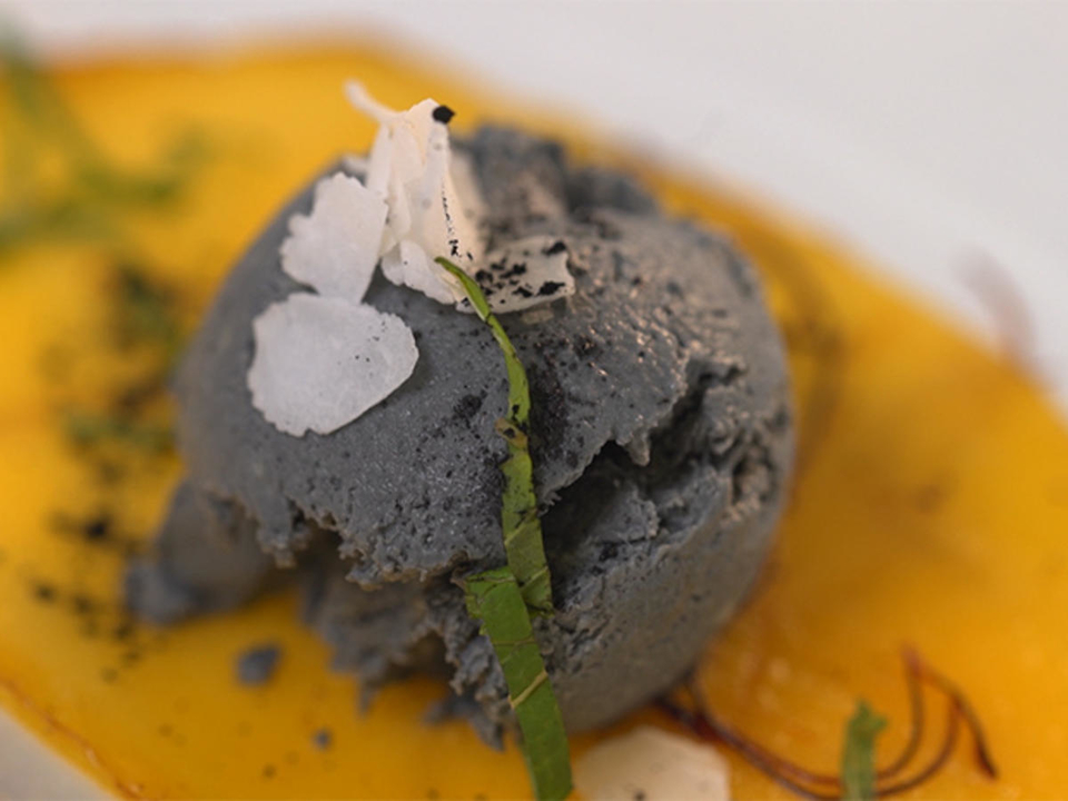 "Paint it black"-Eiscreme auf einem gebackenen Mango-Carpaccio