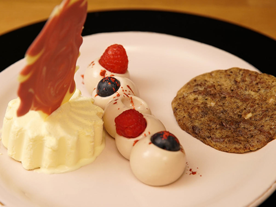 Schoko-Panna-Cotta mit Schokoparfait und American Cookie