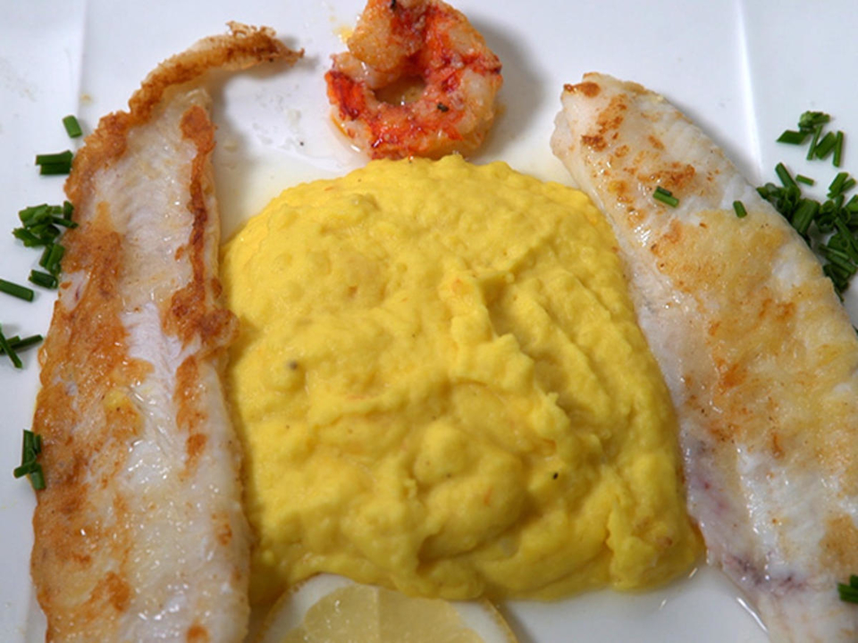 Seezungenfilets und Carabiniero an Safranpüree und Gurkensalat
