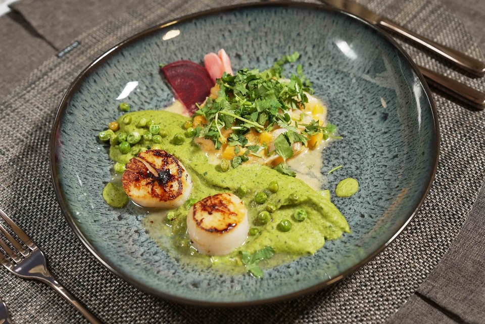 Jakobsmuschel auf Erbsenpüree und Ceviche von der Jakobsmuschel