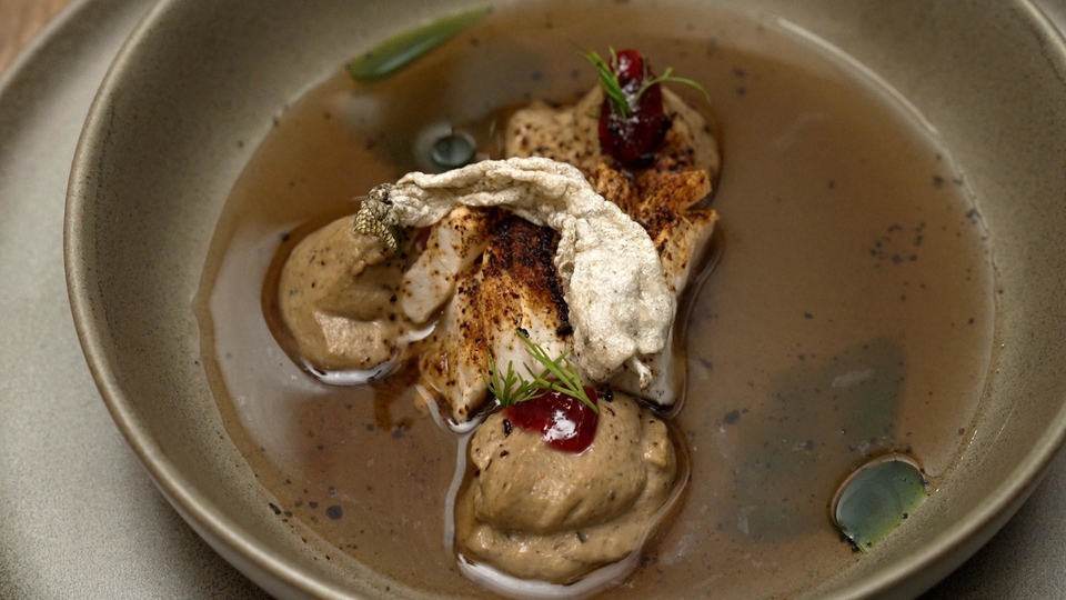 Abgeflämmter Zander, Pilzcreme & Pilzkonsommé