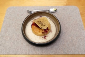 Savarin in Quittensirup getränkt auf Schoko-Espuma mit Schlehensorbet und Hippe
