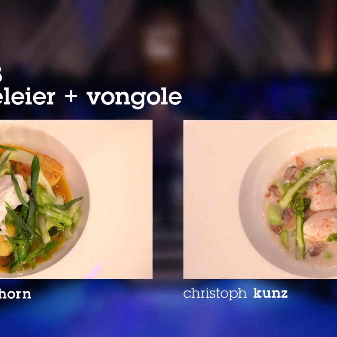 Die Teller mit Wachteleiern und Vongole