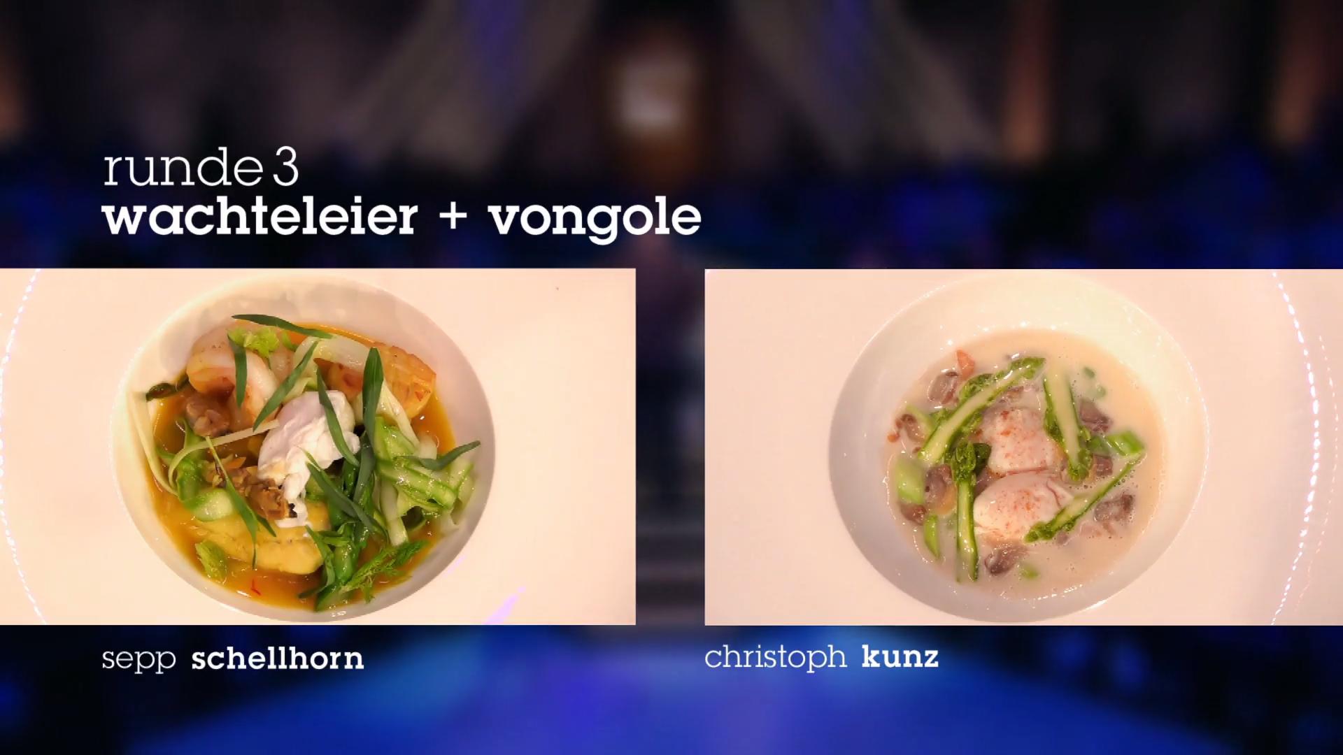 Die Teller mit Wachteleiern und Vongole