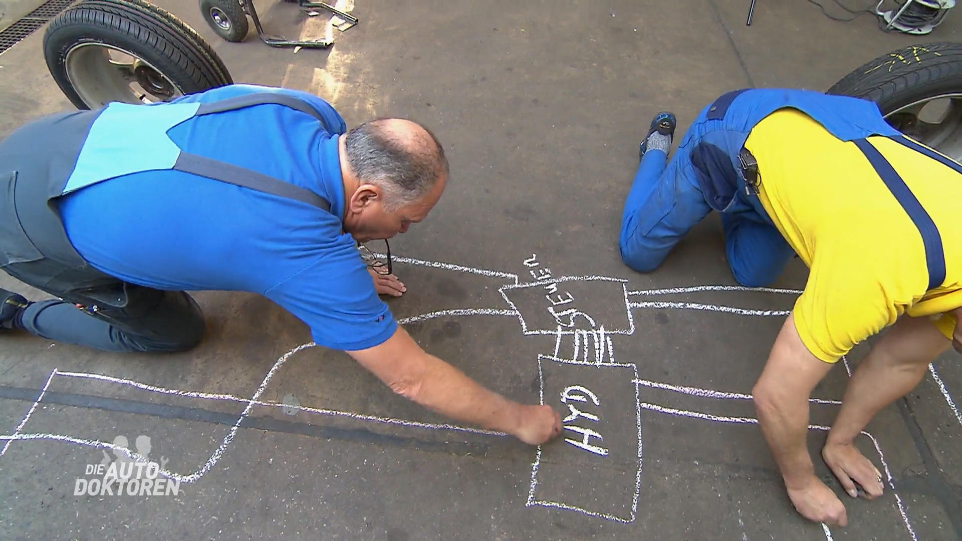 Kreidekunst auf dem Werkstattboden
